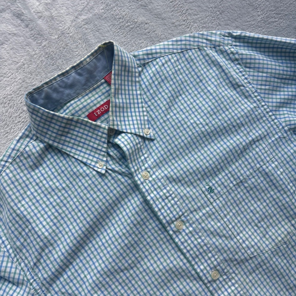 IZOD Button Down Men M Blue Green Gingham Long Sleeve Shirt Casual Pocket
